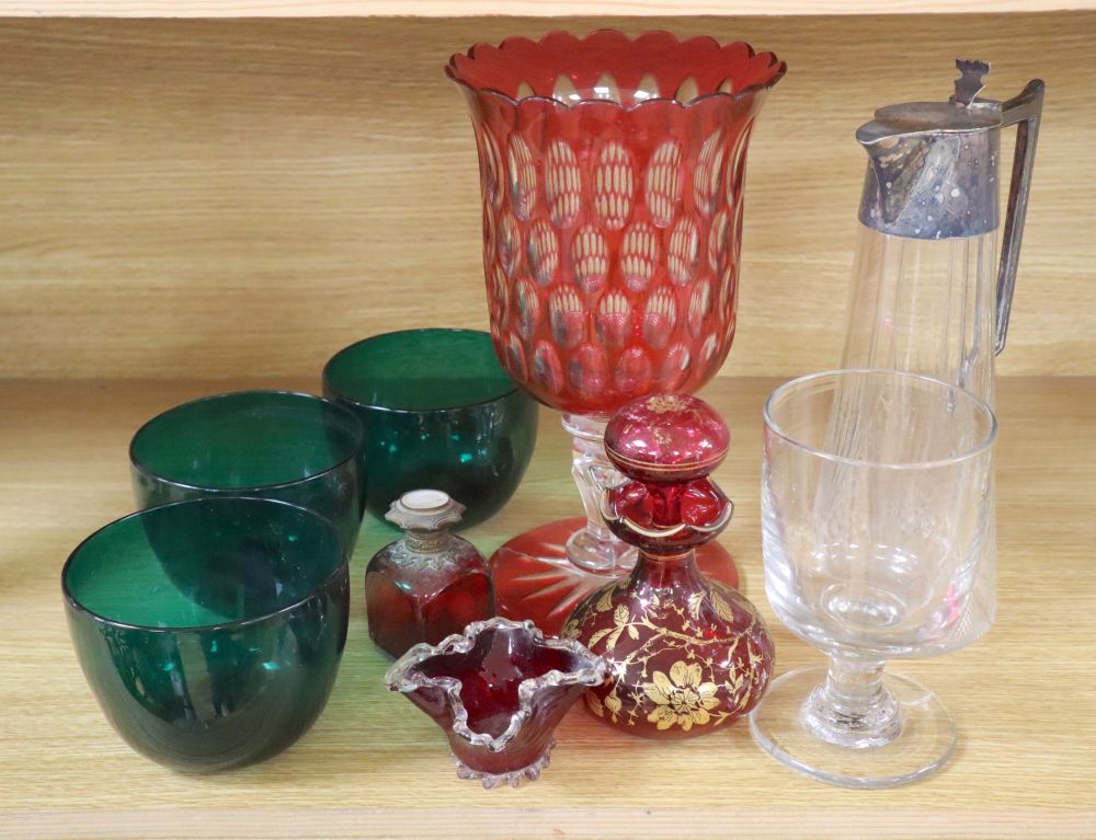 A claret jug with plated mount, Victorian rummer, three Bristol green glass bowls, ruby and cranberry glassware etc.